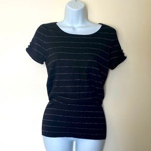 Express Knit Short Sleeve Sweater Night Out Top Black & Silver Small Embellished